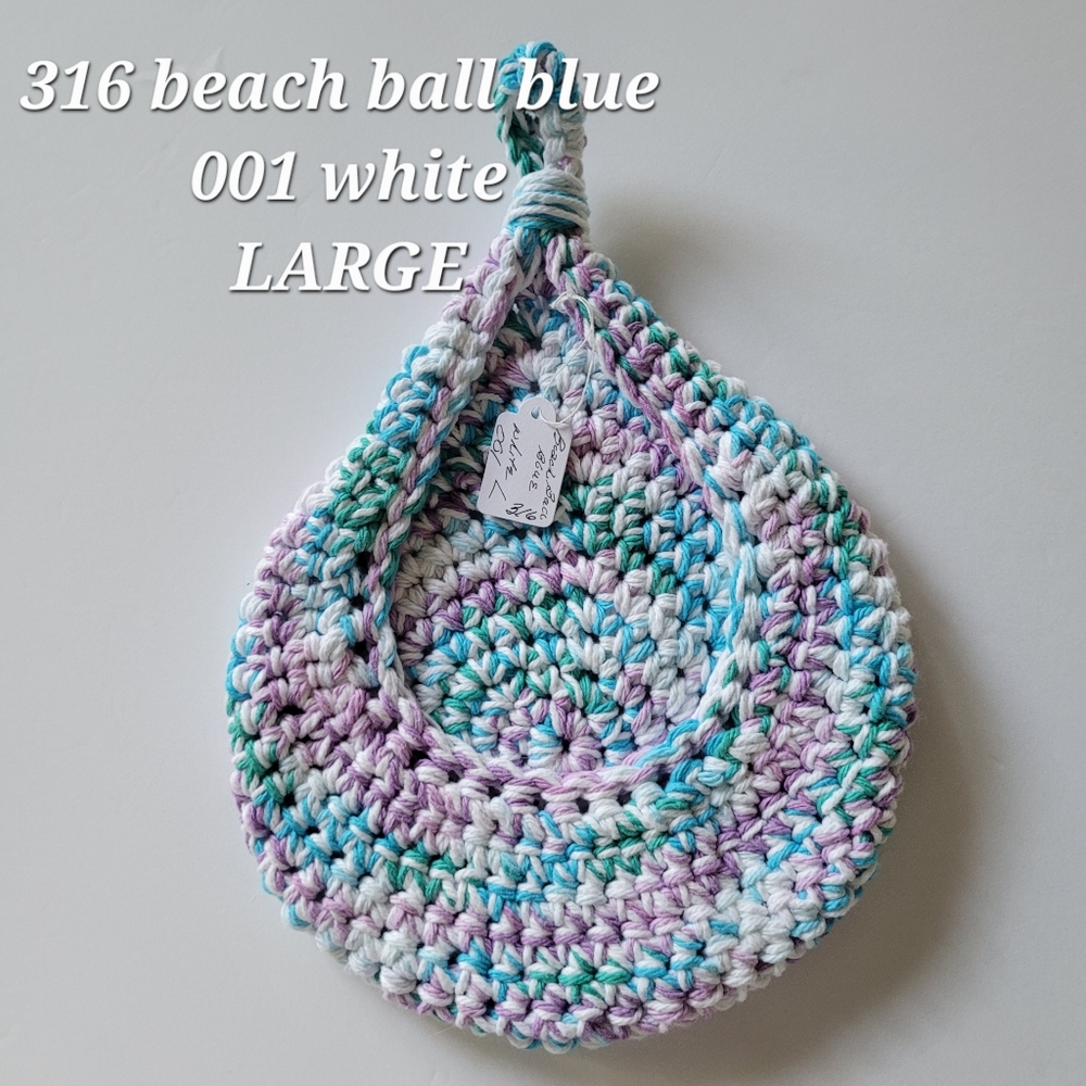 LARGE 316 BEACH BALL BLUE 001 WHITE HANDMADE CROCHETED  HANGING WALL BASKET